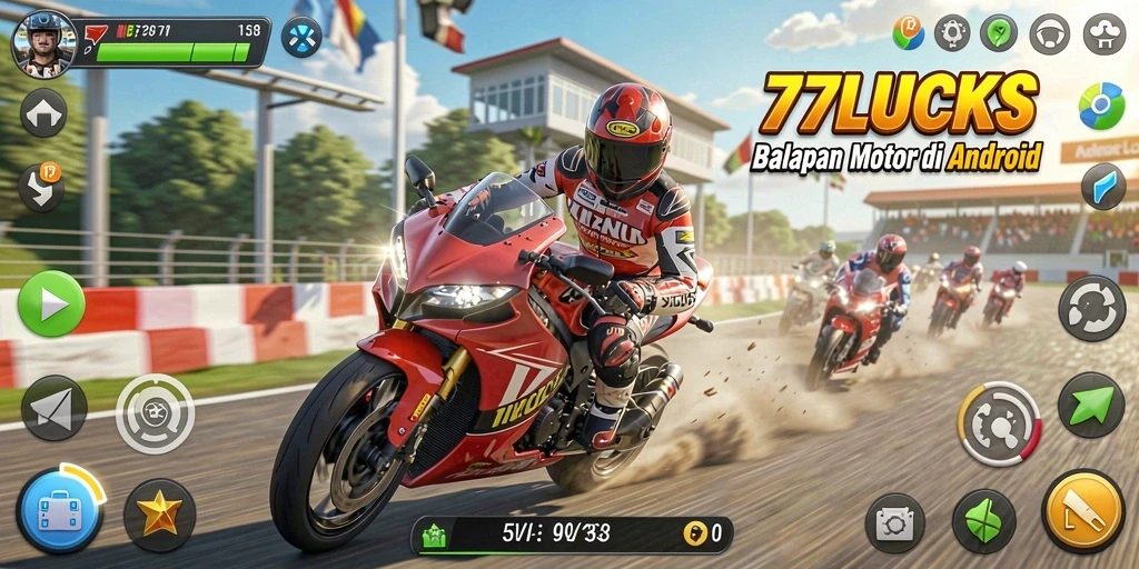 Tampilan gameplay seru dari 77LUCKS dengan balapan motor yang mendebarkan.