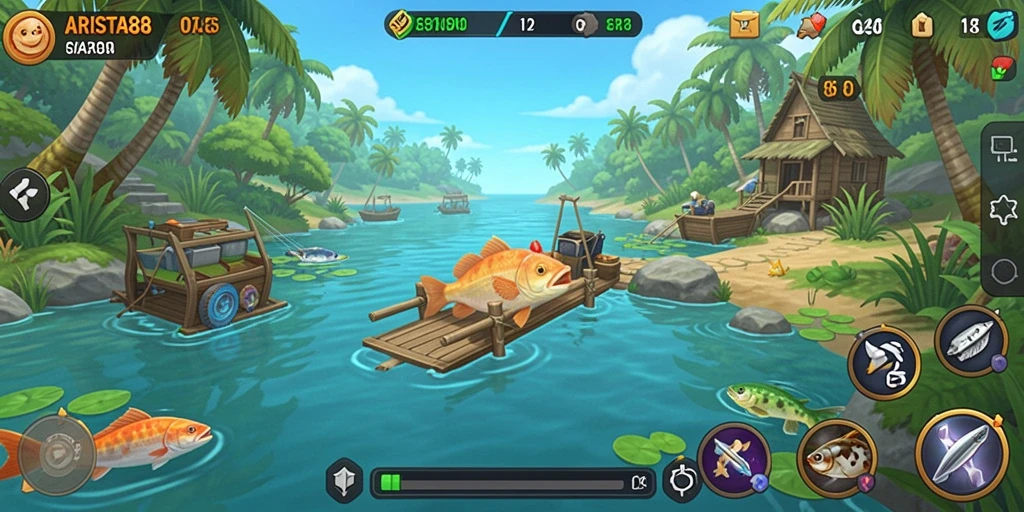 Screenshot gameplay ARISTA88 menampilkan aksi seru memancing di laut.