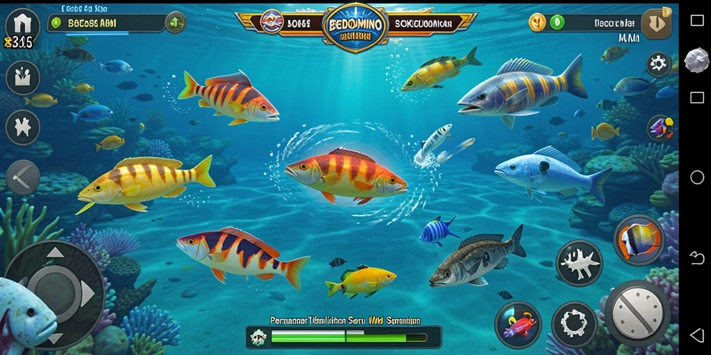 Tampilan gameplay seru BOKEDOMINO saat menembak ikan di lautan.