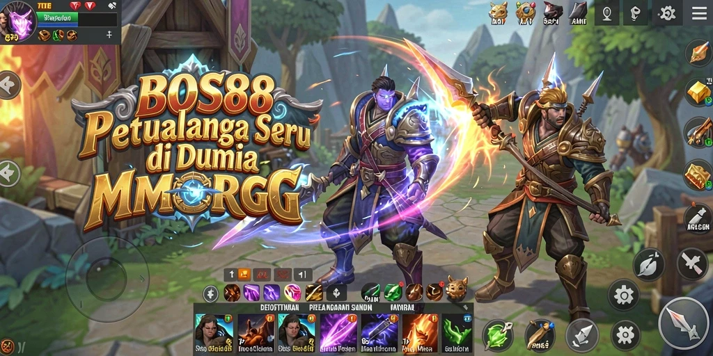Screenshot gameplay BOS88 menunjukkan pertempuran epik di dunia fantasi.