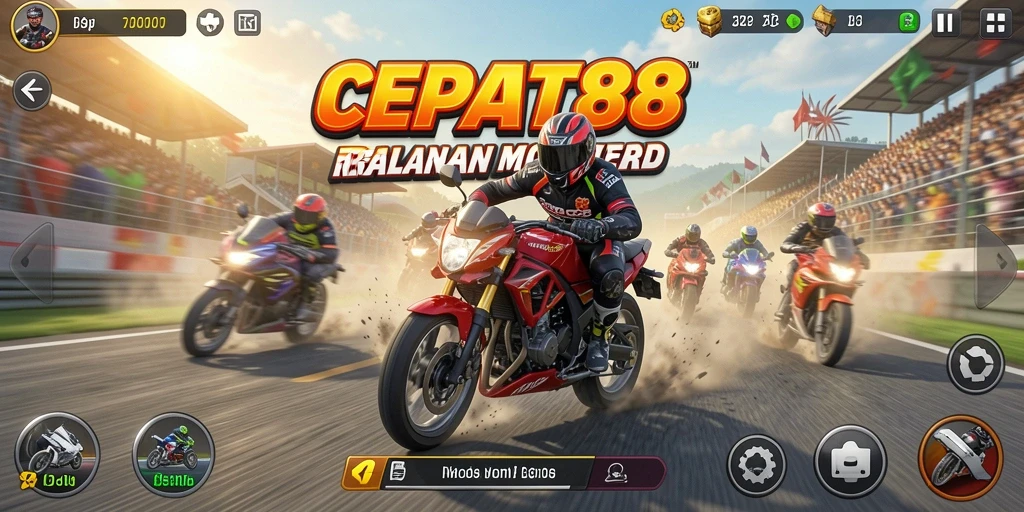 Screenshot gameplay CEPAT88 menampilkan aksi balapan motor yang seru.