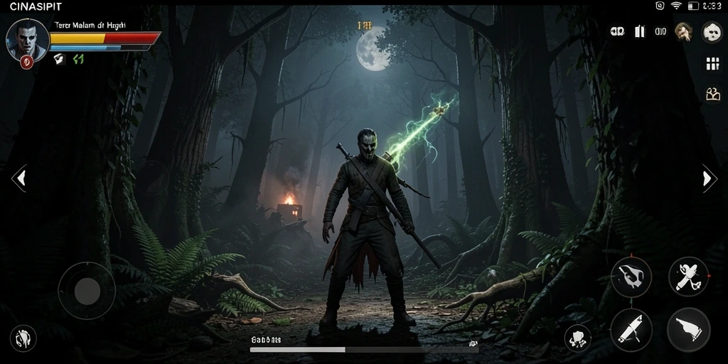 Screenshot dari gameplay CINASIPIT menampilkan suasana horror yang intens.