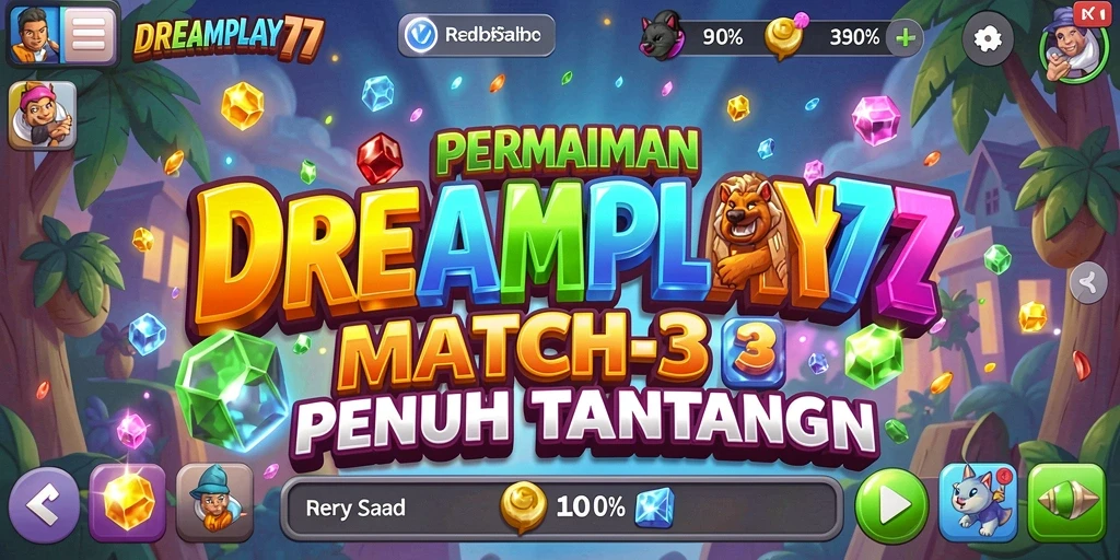 Screenshot menunjukkan gameplay seru dari DREAMPLAY77 dengan level Match-3.