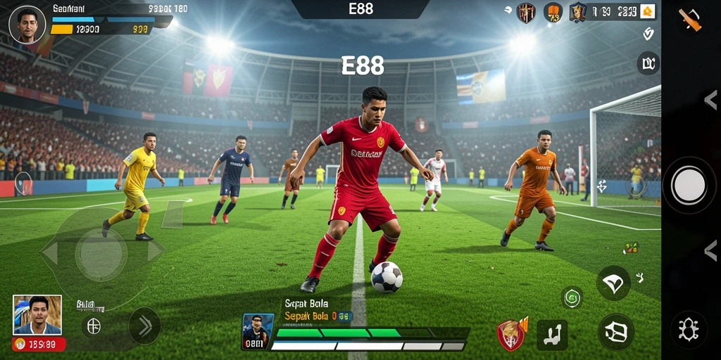 Tampilan gameplay seru di E88 dengan aksi sepak bola nyata.