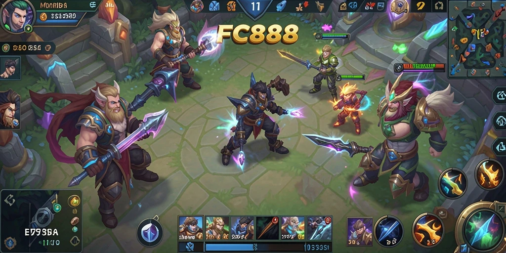 Screenshot gameplay FC888 yang menampilkan aksi tim dalam permainan MOBA.