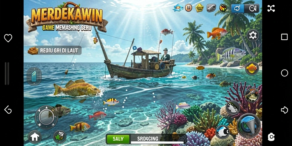 Tampilan gameplay <strong>MERDEKAWIN</strong> yang menampilkan pengalaman memancing di laut.