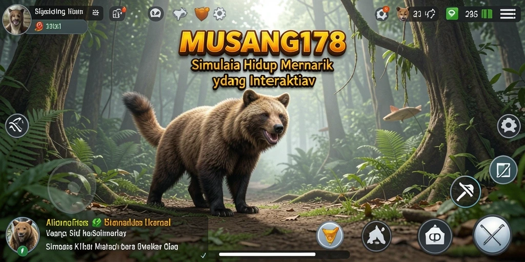Screenshot utama MUSANG178 menampilkan gameplay simulasi dengan interaksi karakter yang dinamis.