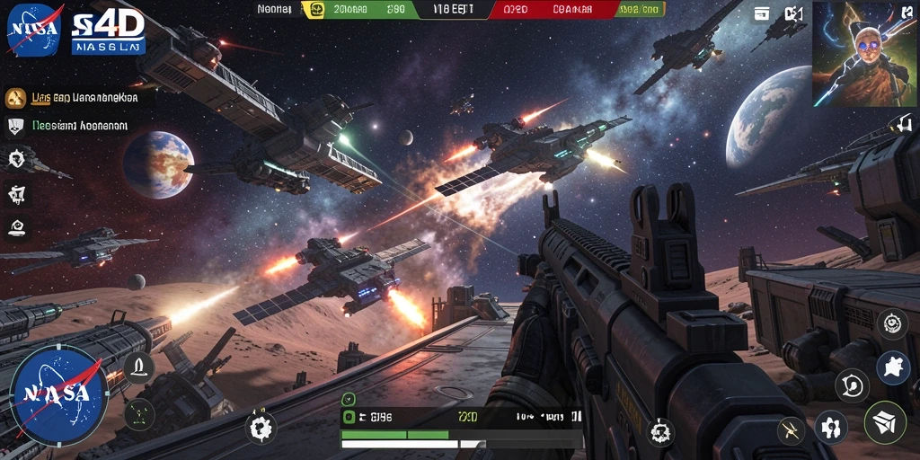 Screenshot utama NASA4D menampilkan aksi tembak-menembak di luar angkasa yang seru.
