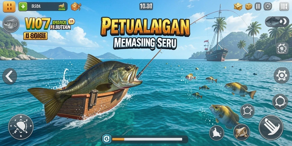 Screenshot gameplay VIO77 menampilkan keseruan memancing di laut yang indah.