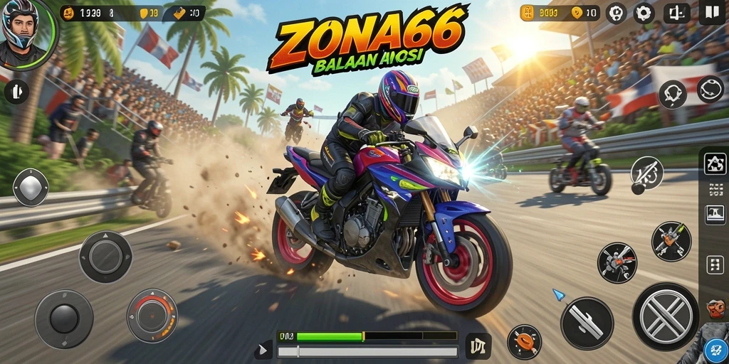 Gameplay ZONA66 menampilkan balapan motor yang seru dan adiktif.